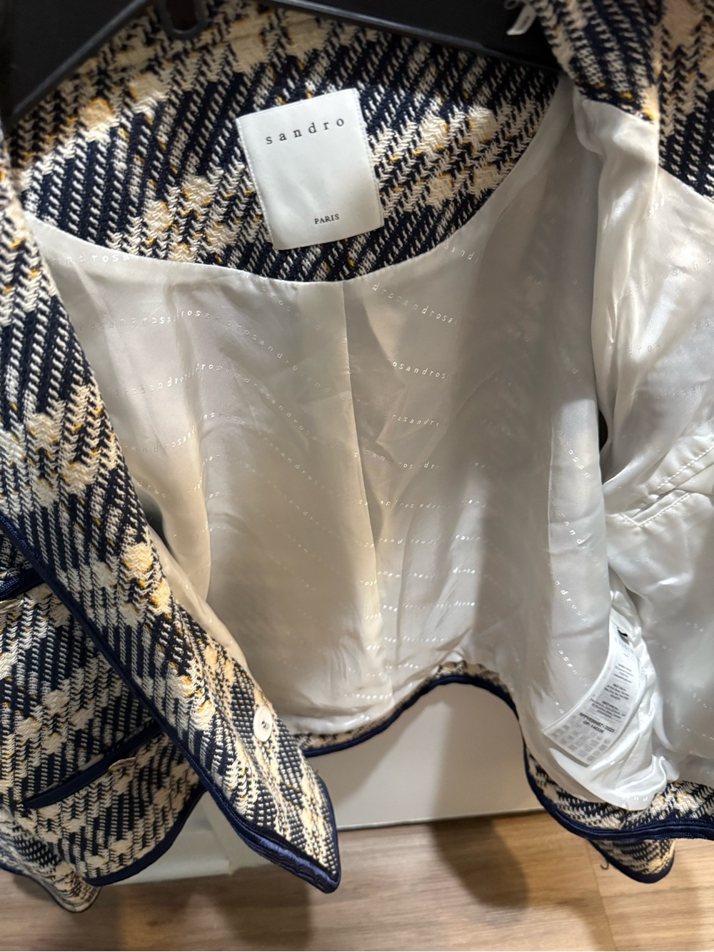 Sandro Cropped Plaid Tweed Jacket in Beige and Navy - Picture 6 of 6